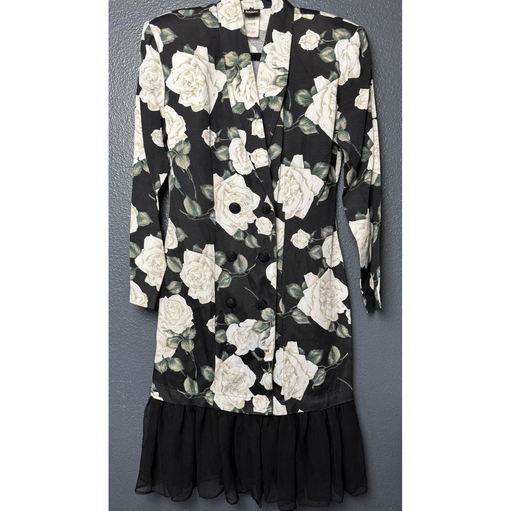 Vintage 90s Knapp Studio Black Rose‎ Blazer Dress Drop Waist Chiffon Hem 7